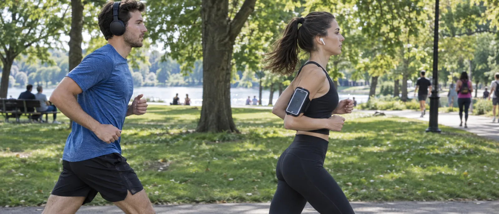 Two runners in a park, one wearing her phone in an armband